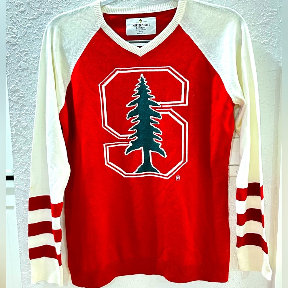 V neck long sleeve STANFORD logo sweater for ladies. Size Small. NEW